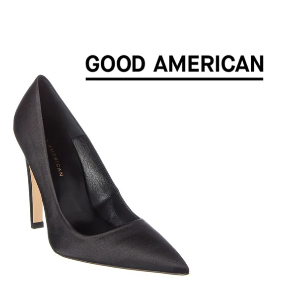 GOOD AMERICAN 🖤 The Icon Pointed Toe Pump - Black Satin - Size 7 - Picture 6 of 7
